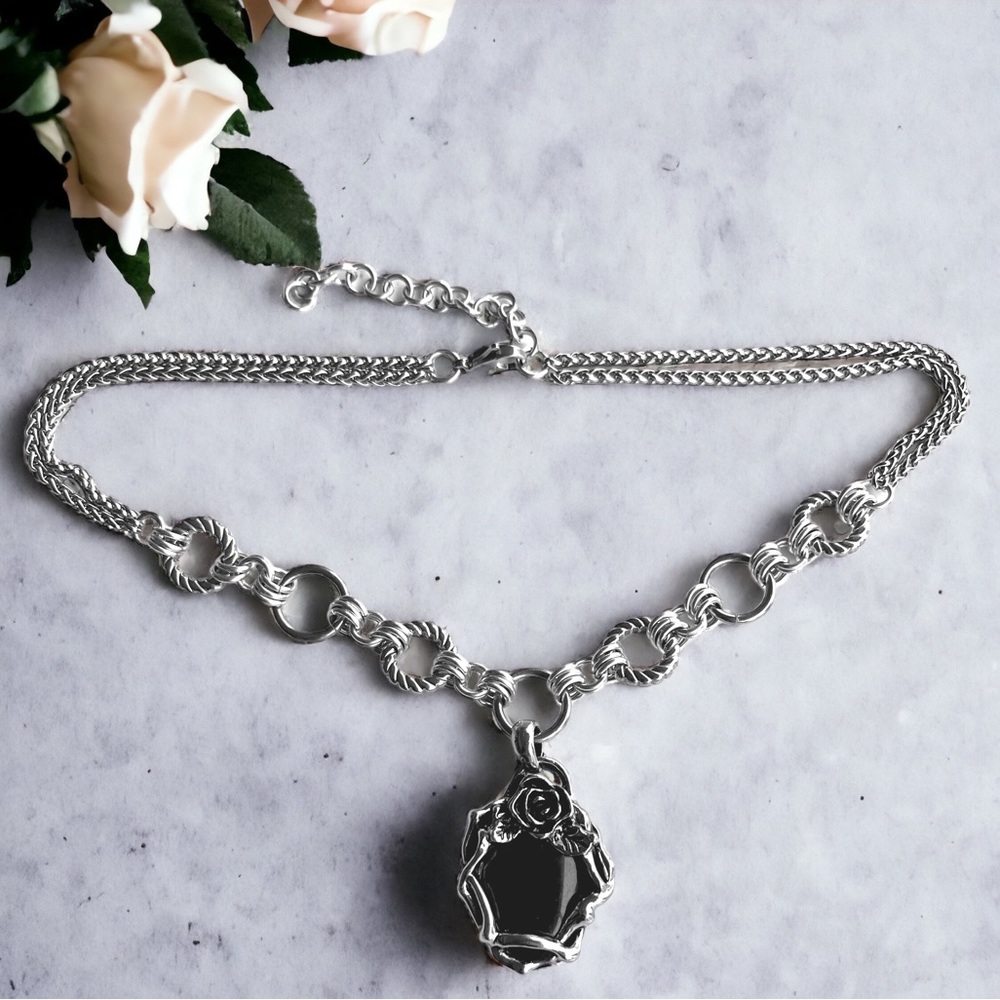 Stainless steel necklace double chain black onyx gemstone rose charm boho goth - Picture 7 of 10